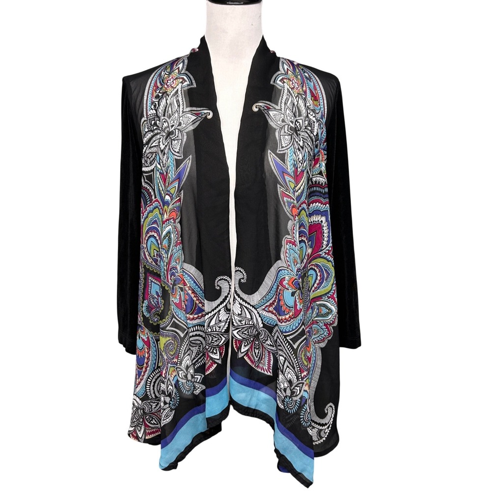 Chicos Travelers Women Size 3/XL Black Paisley Open Front Kimono Scarf Top Shear